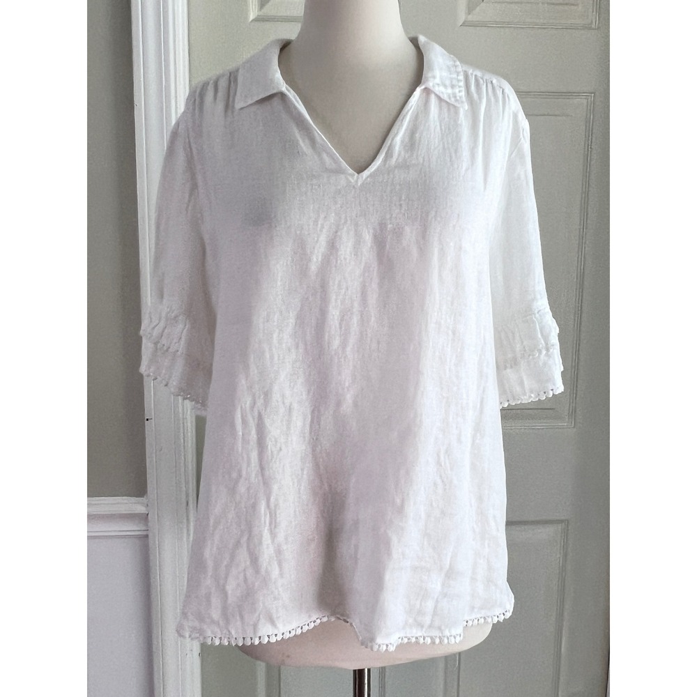 Chico's Linen Tunic 14 Women Ruffle Sleeve Pom Pom White Coastal Boho Blouse